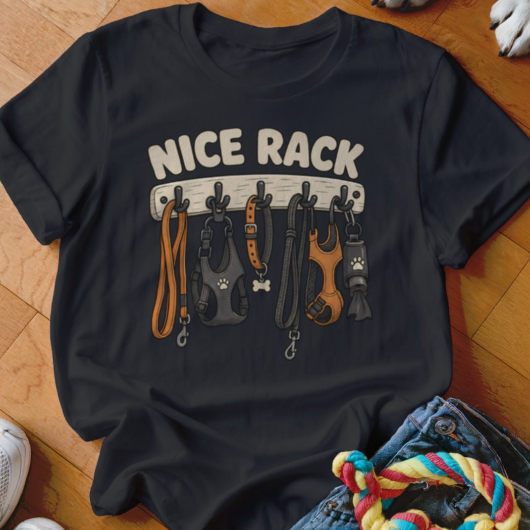 Black t-shirt with "NICE RACK" text and a rack of leashes and harnesses.