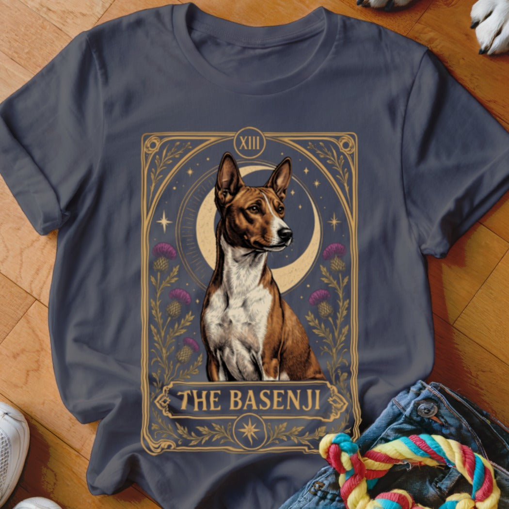 A dark gray t-shirt featuring a tarot card style graphic of a Basenji dog.