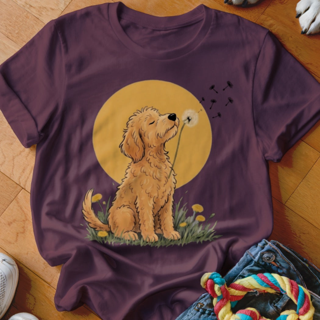 Plum t-shirt featuring an illustration of a fluffy golden dog blowing dandelion seeds against a yellow circle background.