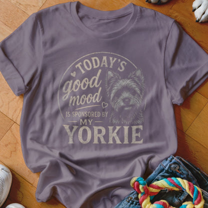 T-shirt with graphic "Today's good mood is sponsored by my Yorkie" and a dog portrait.