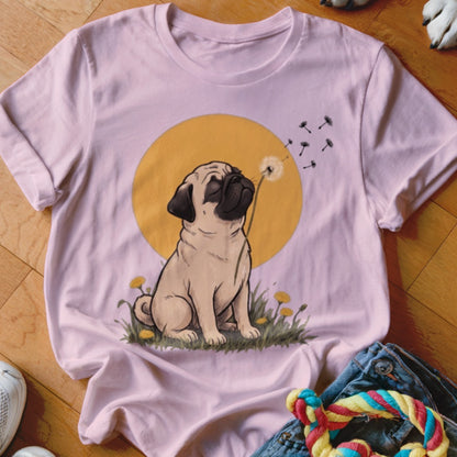 A light pink t-shirt featuring a graphic of a pug blowing dandelion seeds against a yellow circle background.