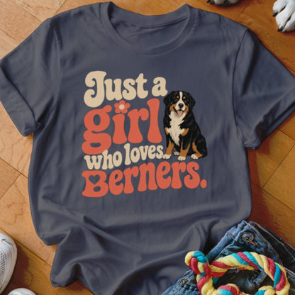 T-shirt with "Just a girl who loves Berners" text and a Bernese Mountain Dog graphic.