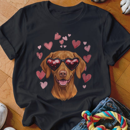 A black t-shirt features a brown dog wearing heart-shaped sunglasses, surrounded by pink hearts.