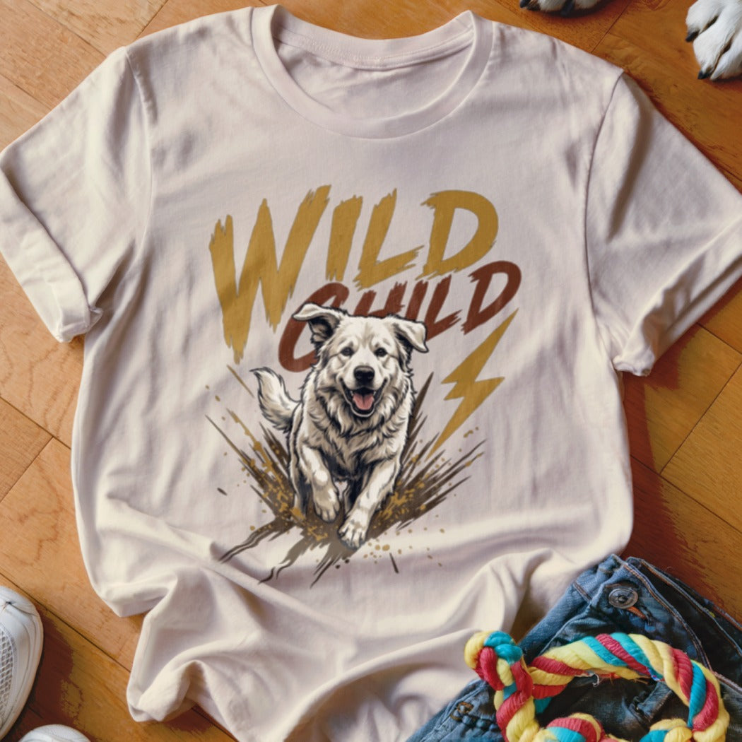 A light-colored t-shirt featuring a graphic of a running dog and the text WILD CHILD.
