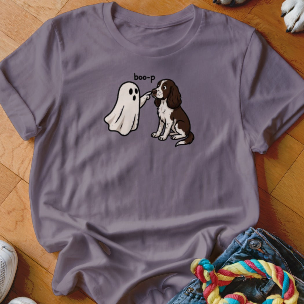 Ghost and dog with text "boo-p" on a grey t-shirt.