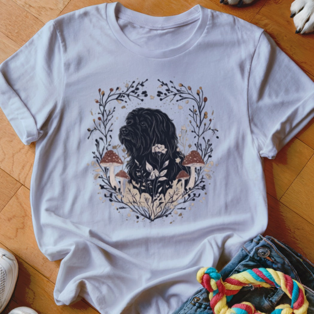White crewneck t-shirt featuring a botanical illustration of a black dog surrounded by mushrooms and leaves.