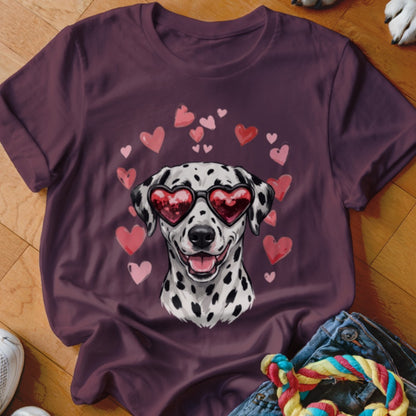 Plum-colored t-shirt featuring a graphic of a Dalmatian wearing heart-shaped sunglasses surrounded by floating pink hearts.