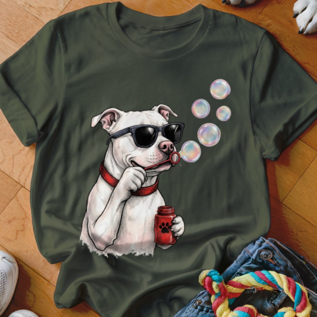 Dark green t-shirt featuring a graphic of a white pit bull wearing sunglasses and blowing bubbles.