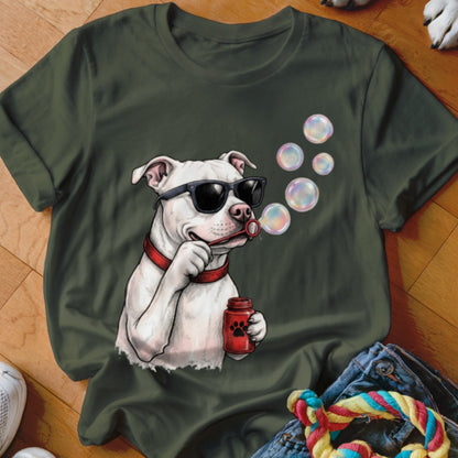 Dark green t-shirt featuring a graphic of a white pit bull wearing sunglasses and blowing bubbles.