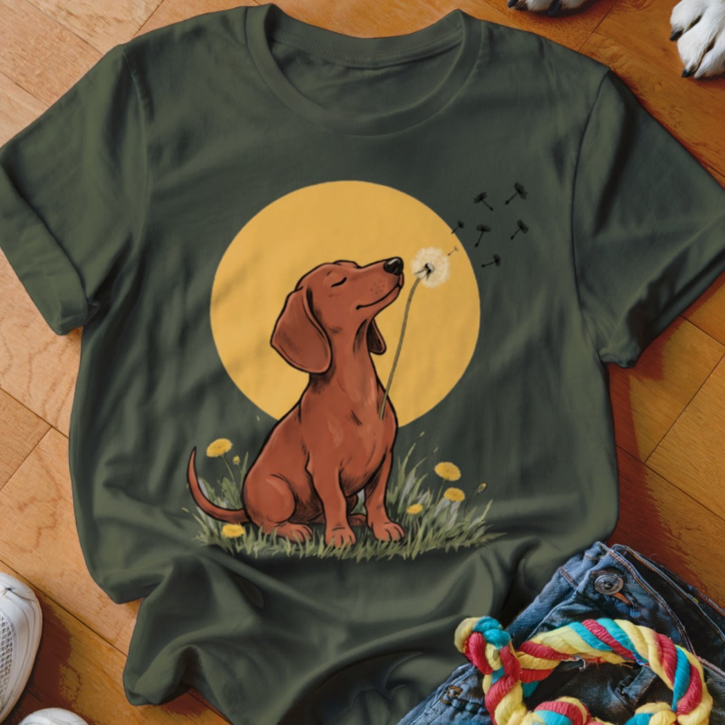 A dark green t-shirt features a graphic of a brown dachshund blowing a dandelion against a yellow sun.