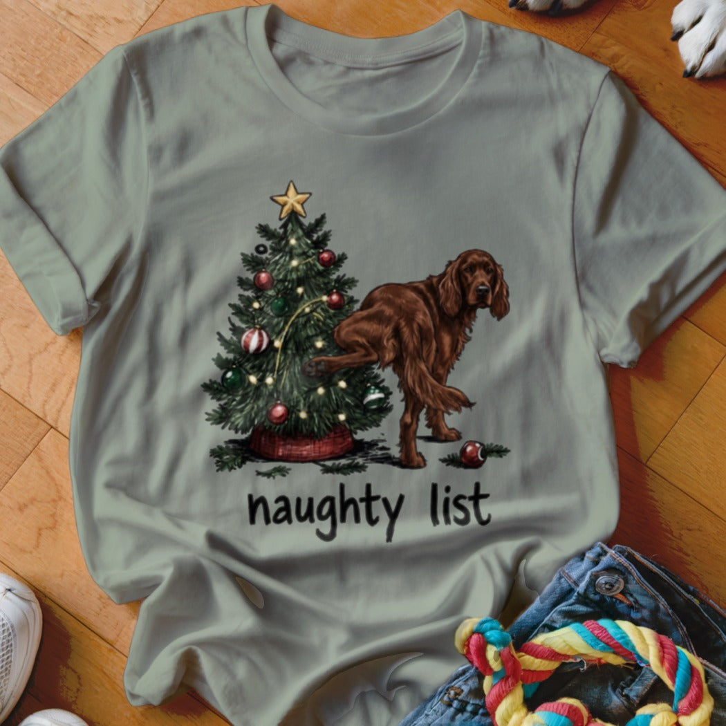 T-shirt with Irish Setter near a Christmas tree and the text "naughty list".