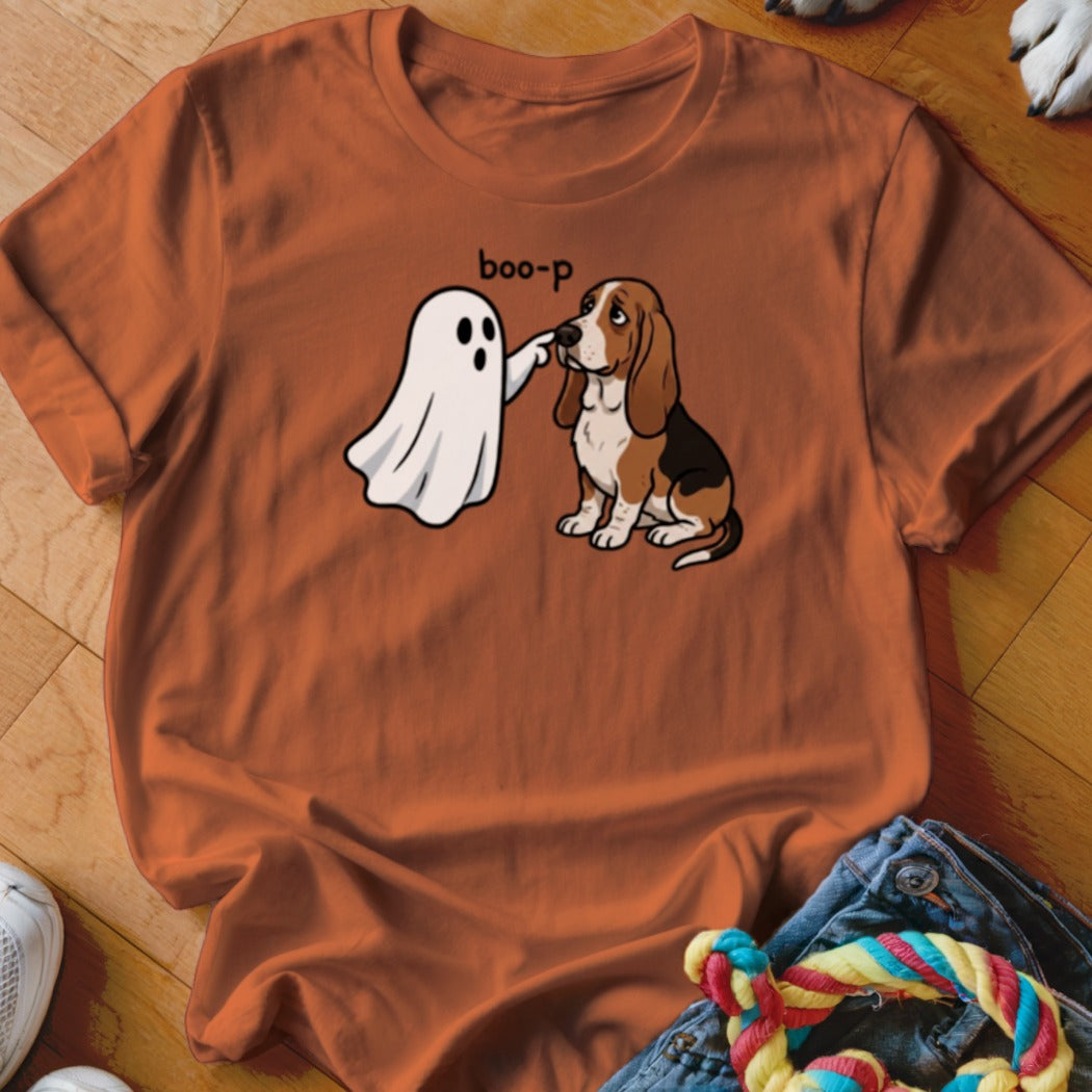 Ghost booping a Basset Hound dog with "boo-p" text.