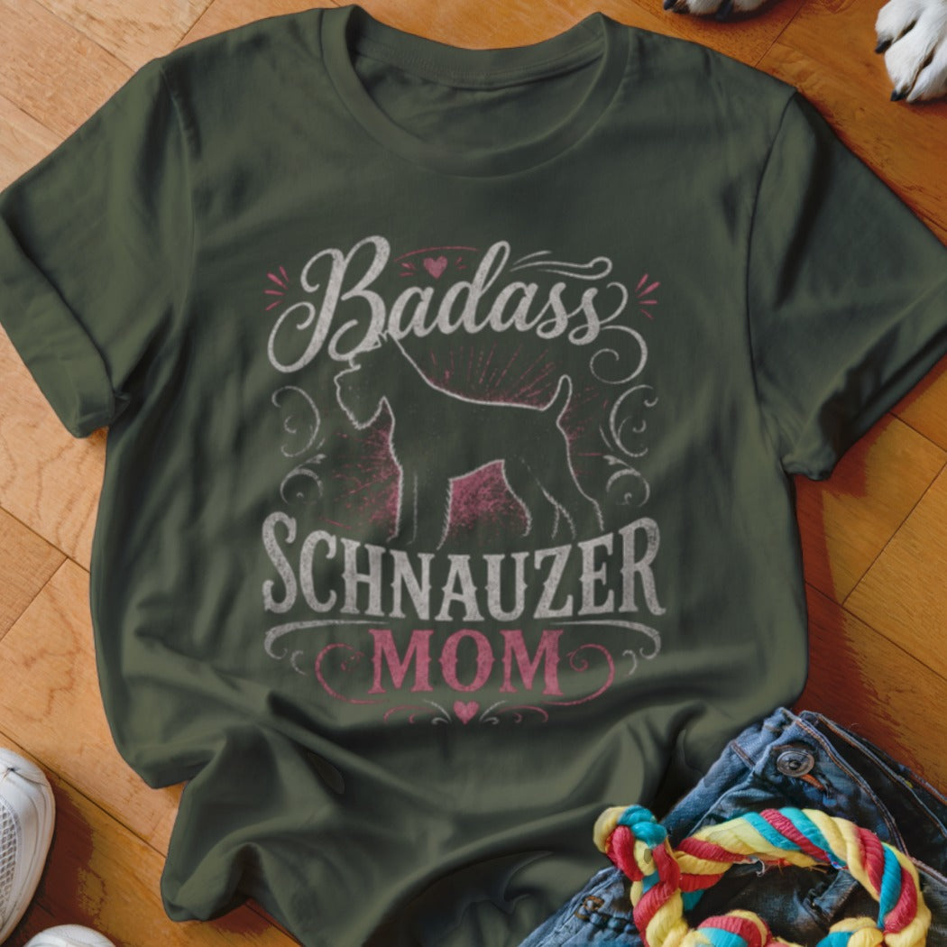 Green t-shirt with "Badass Schnauzer Mom" text and a schnauzer silhouette.