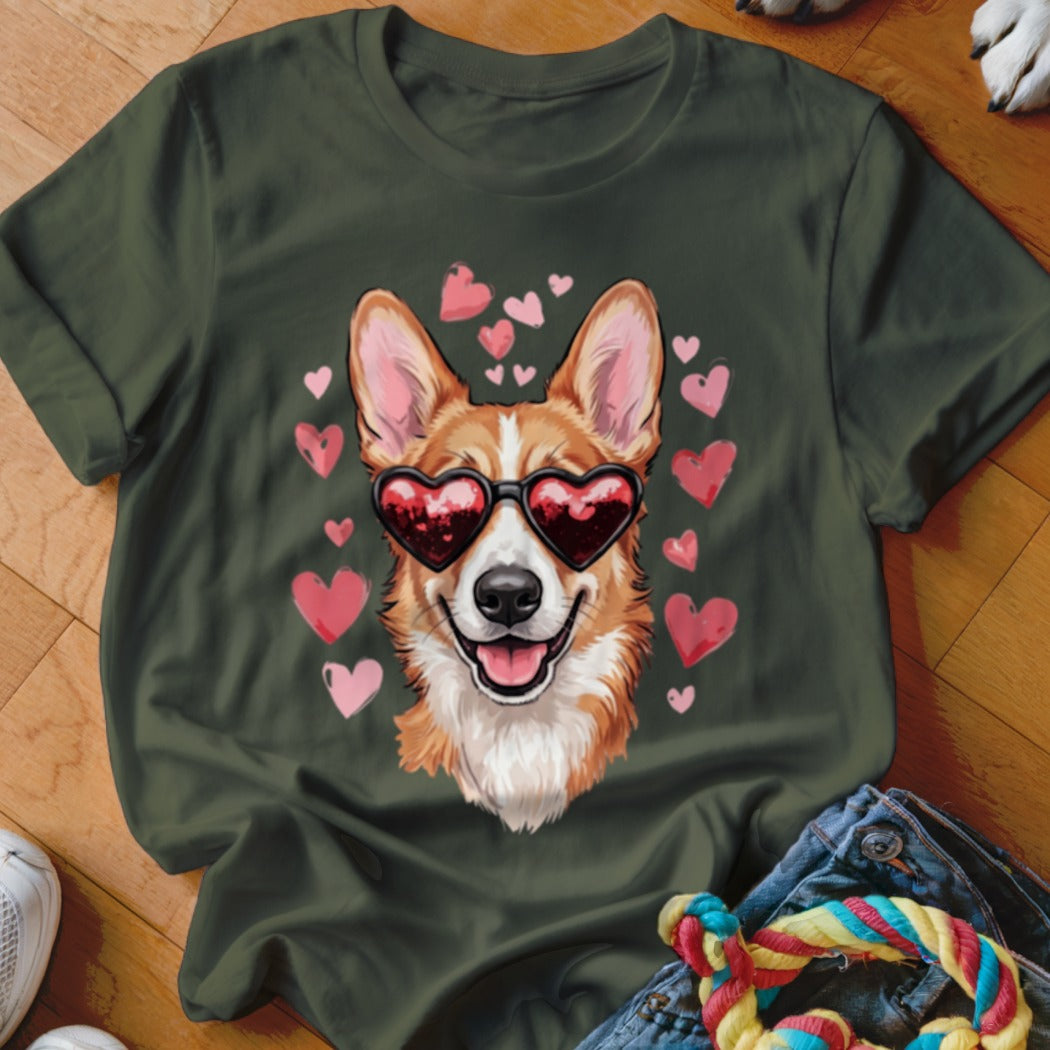 Dark green t-shirt featuring a Corgi wearing heart-shaped sunglasses surrounded by pink floating hearts.