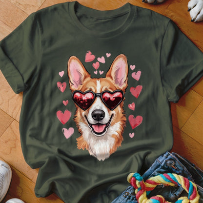 Dark green t-shirt featuring a Corgi wearing heart-shaped sunglasses surrounded by pink floating hearts.