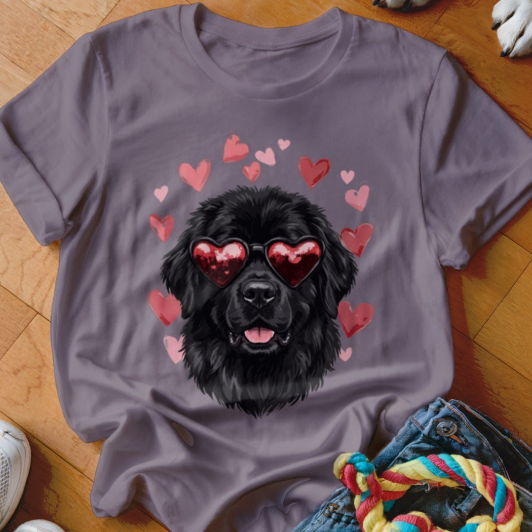 Grey t-shirt featuring a graphic of a black dog wearing heart-shaped sunglasses surrounded by floating hearts.