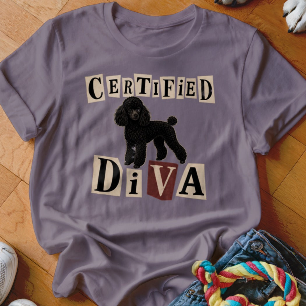 Purple t-shirt graphic with black poodle and text "Certified Diva".