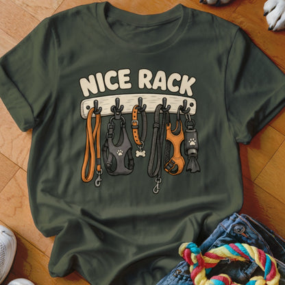 Dark green t-shirt with "NICE RACK" text and a rack of dog leashes and harnesses.