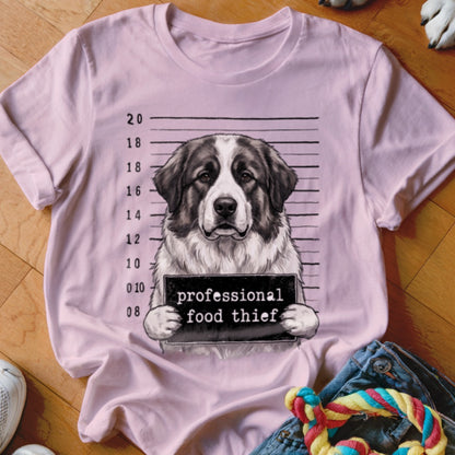 Pink t-shirt with a large dog mugshot graphic that says "professional food thief."