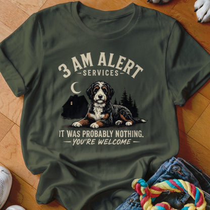 T-shirt with "3 AM Alert Services. It was probably nothing. You're welcome." and a Bernese Mountain Dog.