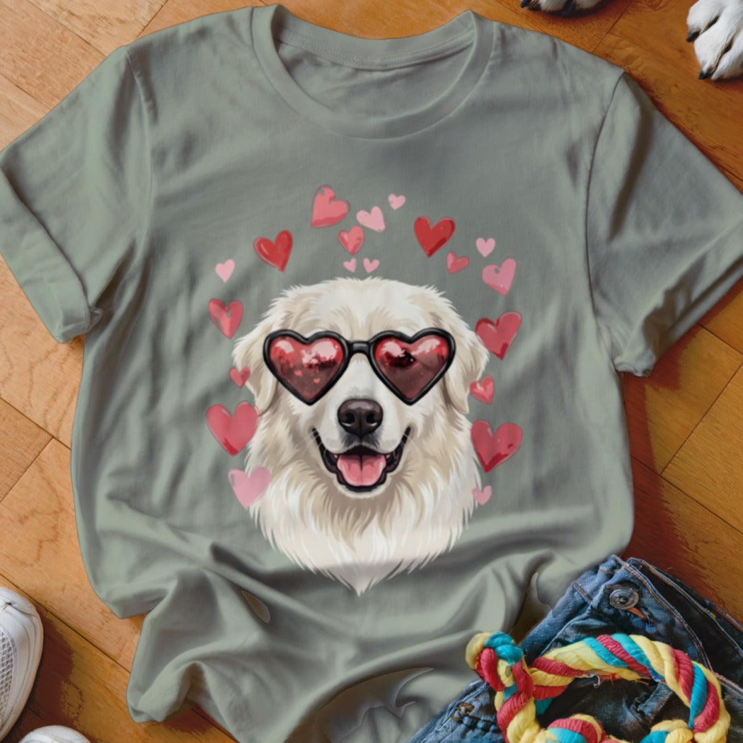 An olive green t-shirt featuring a graphic of a white dog wearing heart-shaped sunglasses surrounded by floating pink hearts.