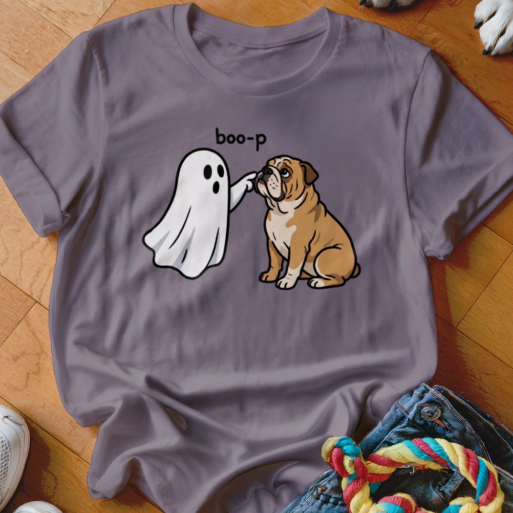 A ghost boops a bulldog with the text "boo-p" above.