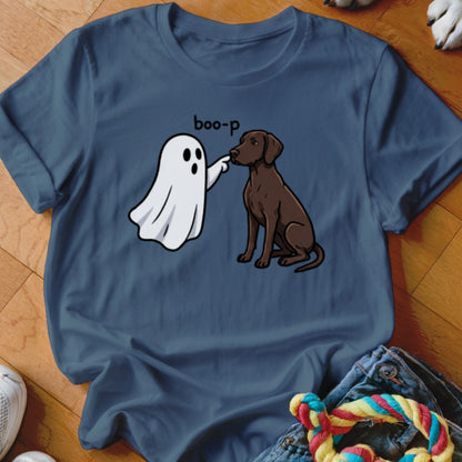 Cartoon ghost booping a brown dog's nose with "boo-p" text.