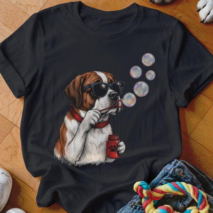 A black t-shirt features a graphic of a Saint Bernard dog wearing sunglasses and blowing bubbles.