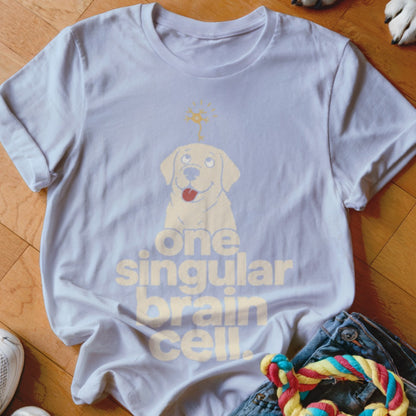 T-shirt with graphic of yellow dog and text "one singular brain cell".