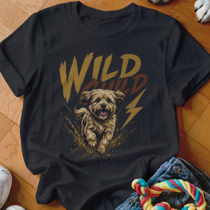Black t-shirt featuring a graphic of a running puppy and the text WILD CHILD.