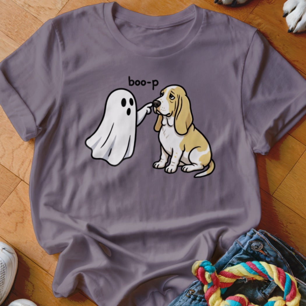 Ghost booping a sad Basset Hound with "boo-p" text.