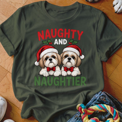 Green t-shirt with two Shih Tzus wearing Santa hats and bow ties, saying "NAUGHTY AND NAUGHTIER".