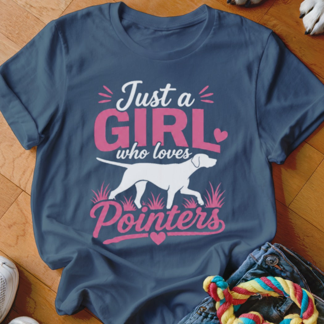 Navy t-shirt with "Just a girl who loves Pointers" text and white pointer dog graphic.