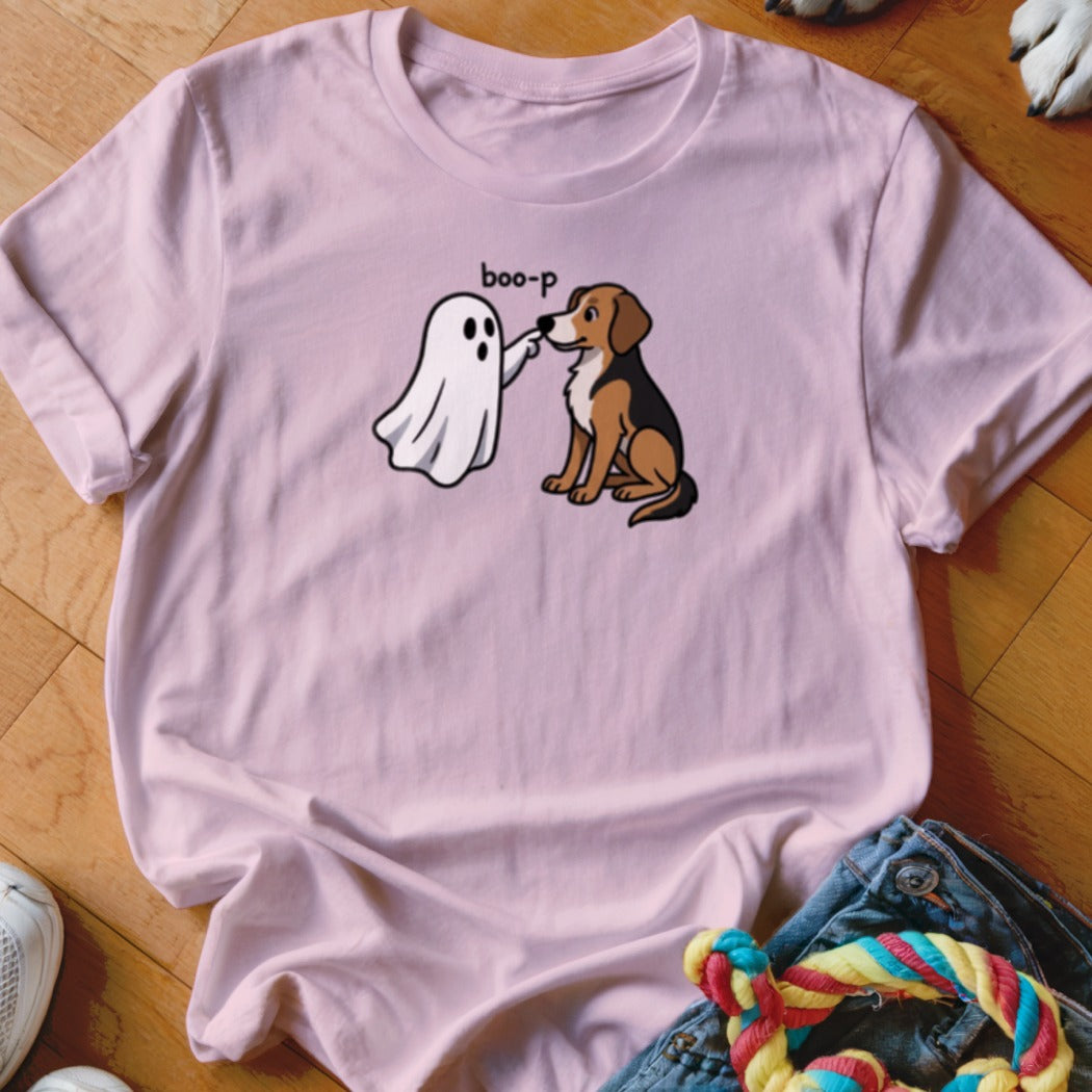 Pink t-shirt with a cartoon ghost booping a dog, text reads "boo-p".