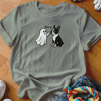 Cartoon of a Boston Terrier being booped by a ghost with text "boo-p".