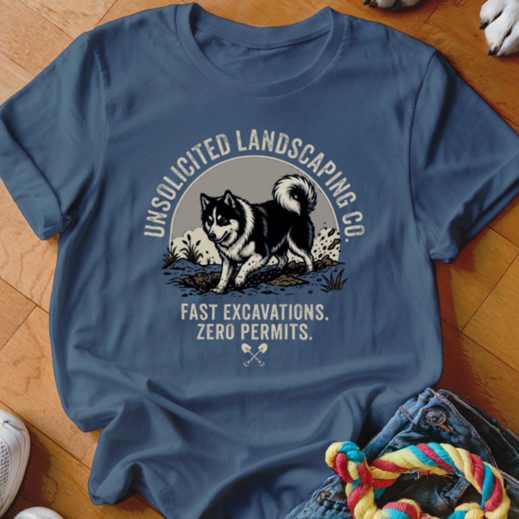 Husky digging with text "Unsolicited Landscaping Co. Fast Excavations. Zero Permits."