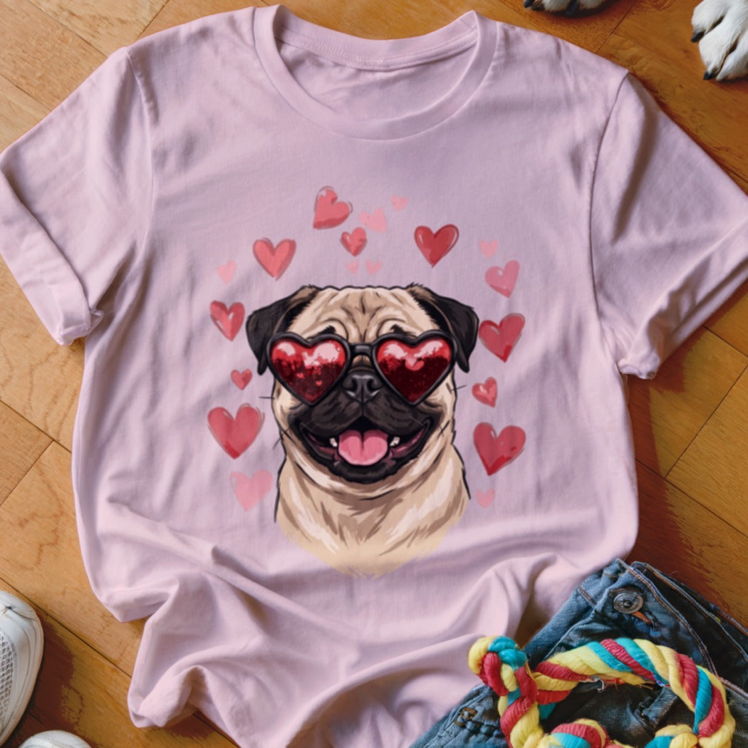 Light pink t-shirt featuring an illustration of a pug wearing heart-shaped sunglasses surrounded by floating hearts.