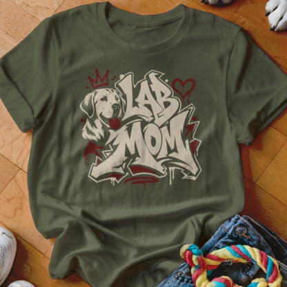 Green t-shirt with graffiti-style "LAB MOM" graphic featuring a dog.