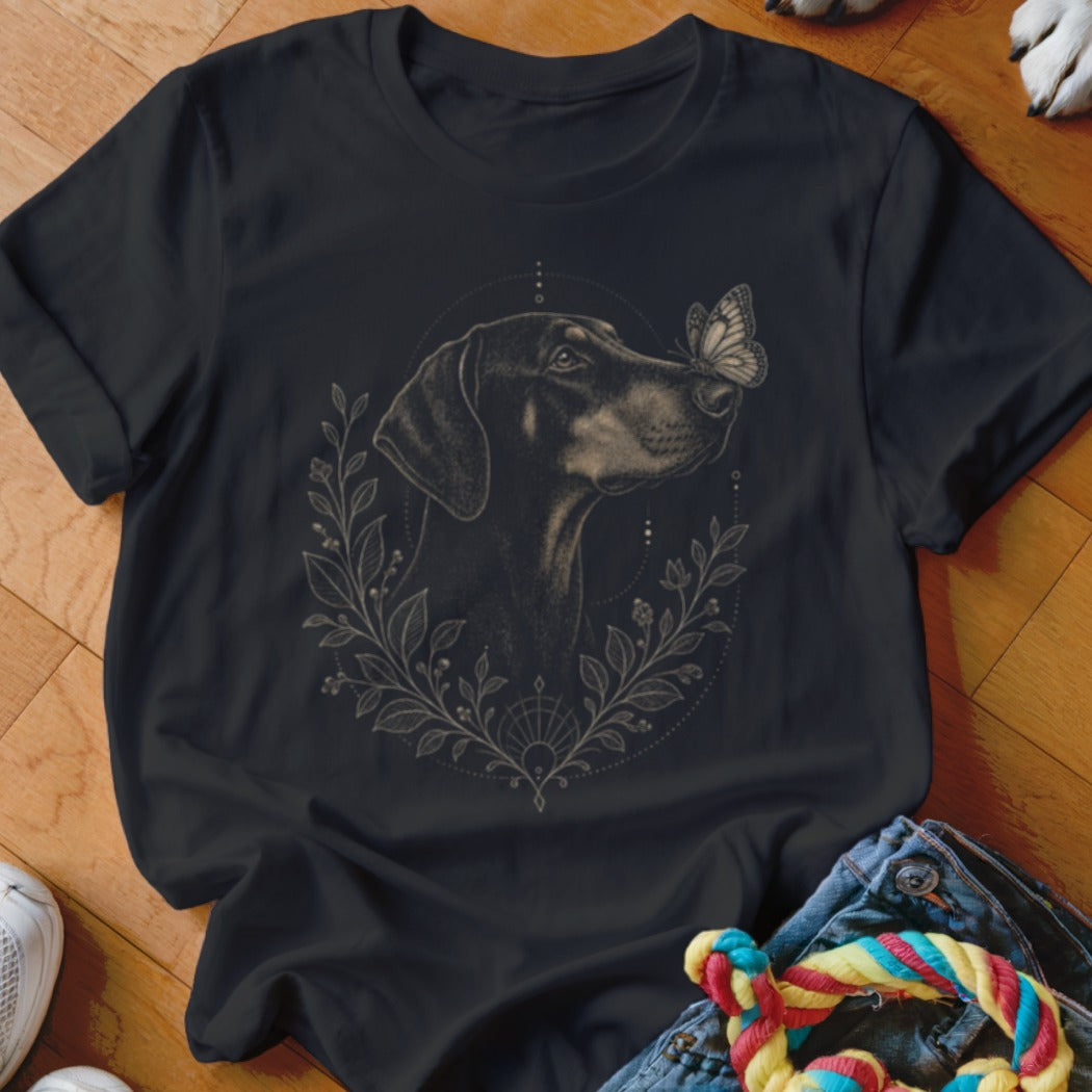 Black t-shirt with a line art illustration of a dog and butterfly.