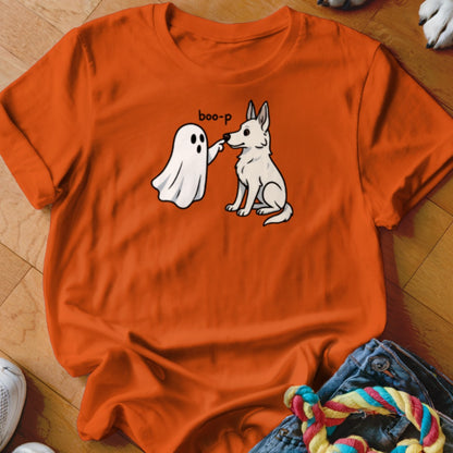 Ghost booping a white dog's nose with "boo-p" text.
