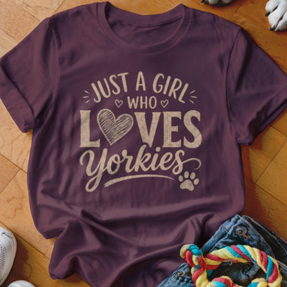 Maroon t-shirt with "Just a girl who loves Yorkies" text and heart graphic.