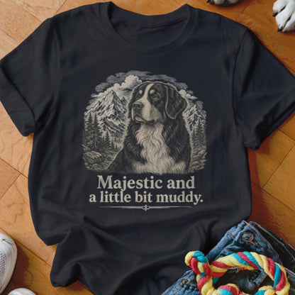 Bernese mountain dog in a mountain landscape with text "Majestic and a little bit muddy."