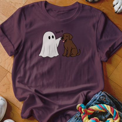 Ghost booping a chocolate lab puppy with the text "boo-p" on a maroon t-shirt.