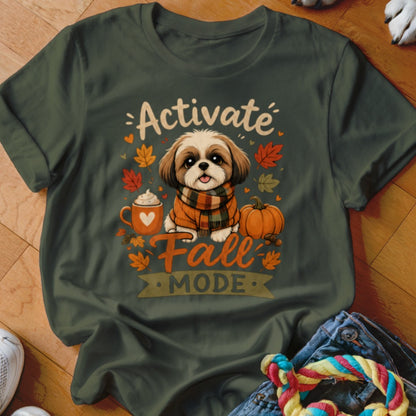 Shih Tzu wearing sweater, "Activate Fall Mode" text, autumn leaves, pumpkin, and hot drink.