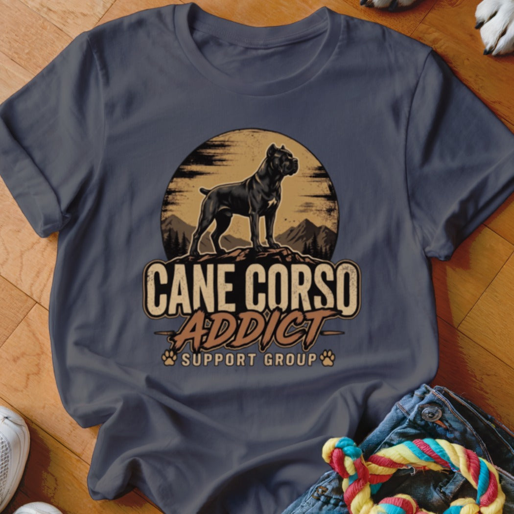 A dark grey t-shirt featuring a vintage-style graphic of a Cane Corso dog and text.