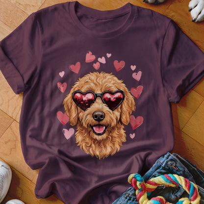 Maroon crewneck t-shirt featuring a graphic of a fluffy golden dog wearing heart-shaped sunglasses, surrounded by pink hearts.