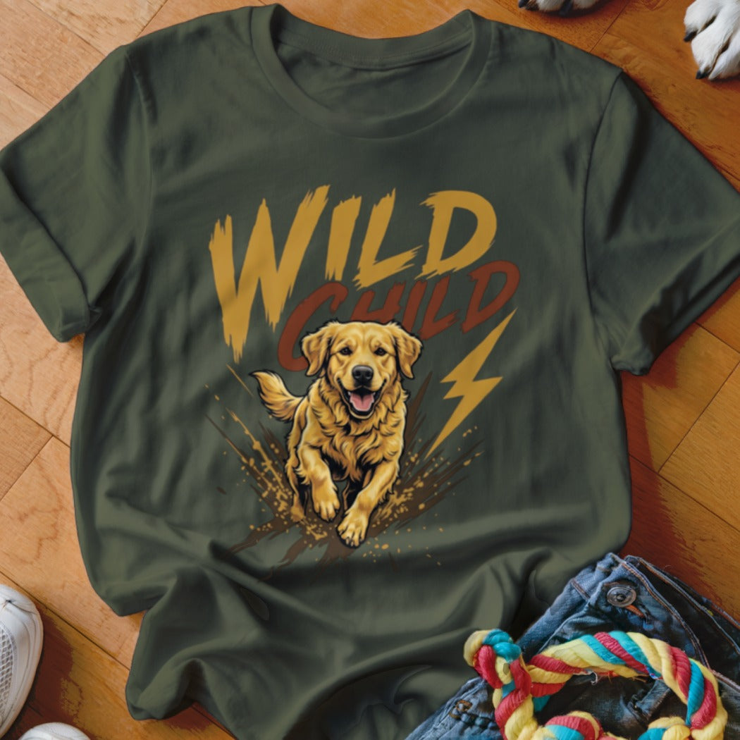 Dark green t-shirt featuring a graphic of a golden retriever running through mud with the text Wild Child.
