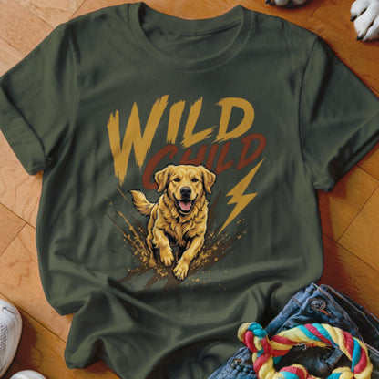 Dark green t-shirt featuring a graphic of a golden retriever running through mud with the text Wild Child.