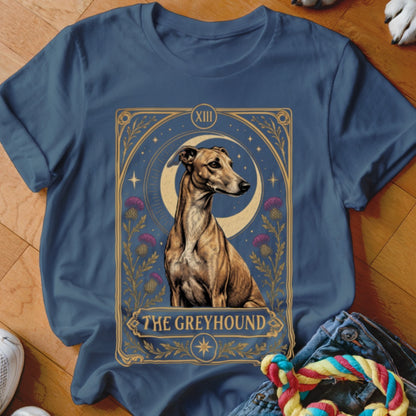 Blue t-shirt featuring a tarot card graphic of a greyhound in front of a crescent moon.