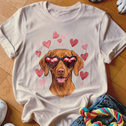 A light-colored t-shirt with a graphic of a brown dog wearing heart-shaped sunglasses, surrounded by pink hearts.